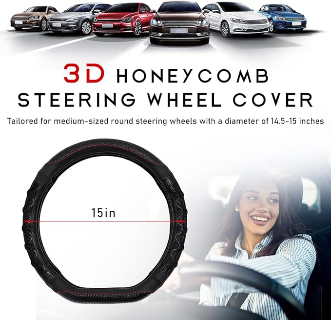 Car Steering Wheel Cover, 15 Inches 3D Honeycomb Design Car Steering Wheel Protector with Comfy Grip, Breathable Anti-Slip D-Shaped Steering Wheel Sleeve for Most Vehicles (Black)
