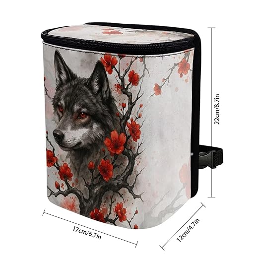 Talayituse Wolf Cherry Blossom Print Car Trash Can with Lid, Leak Proof Auto Trash Bag Hanging Vehicle Garbage Can Multipurpose Storage Container for Back Seat Road Trip