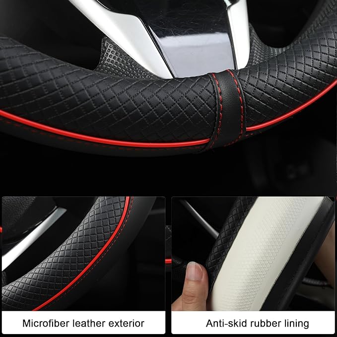 West Llama Microfiber Leather Car Steering Wheel Cover for Chevy Silverado,Tahoe,Equinox,Traverse,Trailblazer,Colorado (Black+Red Line - Standard Size)