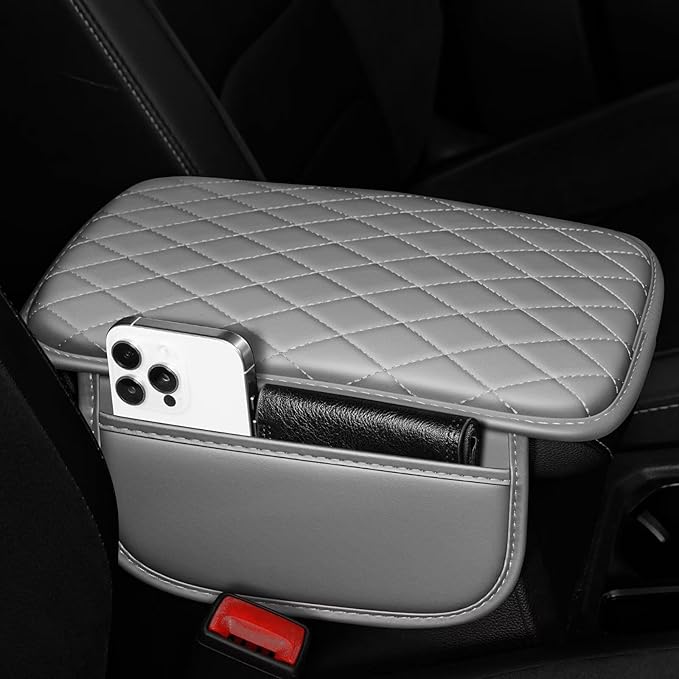 Upgraded Car Center Console Cover Fit for Camry Faux Leather Car Armrest Cover Cushion with 2 Storage Bags,Car Armrest Storage Box Interior Accessories(Grey&Whiteline)