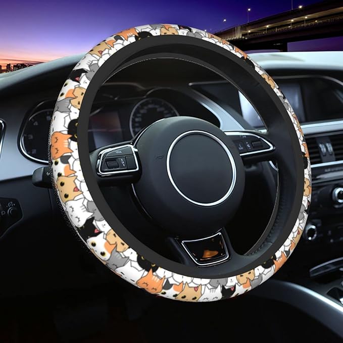 Cat Steering Wheel Cover for Women Men with 2 Pcs Car Coasters, Universal 14.5-15 Inch Cute Steering Wheel Covers Non-Slip Car Accessories for Girls