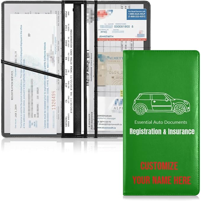 Caihoyu Custom Car Registration and Insurance Card Holder Personalized Leather Glove Box Organize Men Women Wallet Accessories Case for Cards, Essential Document Driver License Green