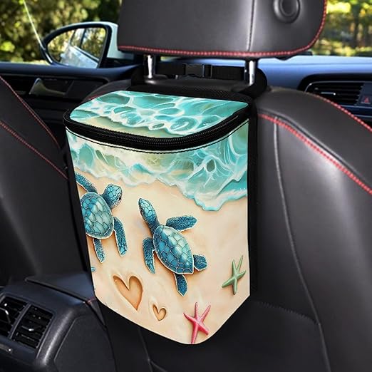Talayituse Turtle Starfish Heart Beach Print Car Trash Can with Lid, Leak Proof Auto Trash Bag Hanging Vehicle Garbage Can Multipurpose Storage Container for Back Seat Road Trip