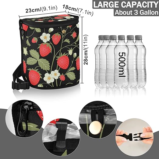 Strawberry Fruit Flowers Leaves Car Trash Can Car Garbage Bag with Lid Hanging Waterproof Leak Proof Vehicle Storage Bin