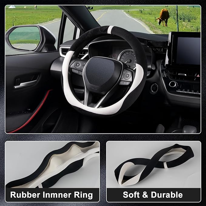 COFIT Plush Steering Wheel Cover Winter, Soft Warm Furry Grip Protector for Cars SUVs Trucks, Fits 14.5-15 Inch, Non-Slip Interior Accessory, White