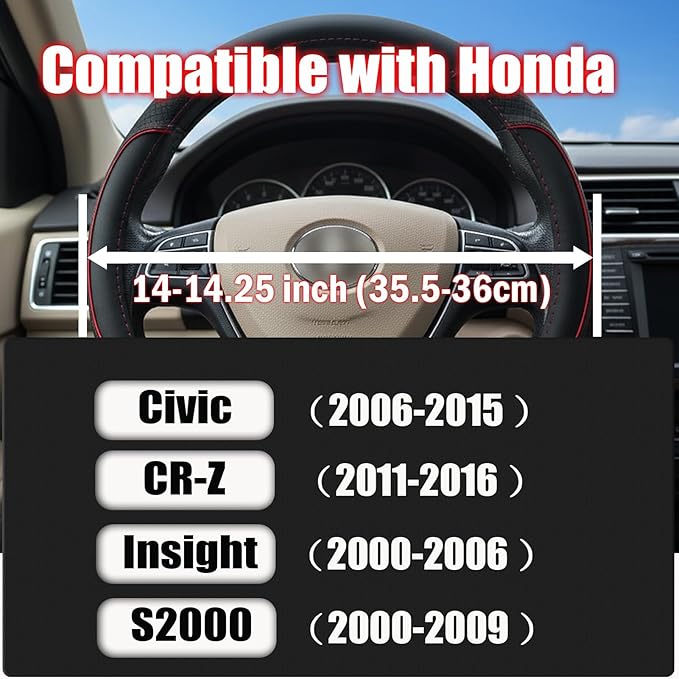ANMOSVO Steering Wheel Cover for Honda Civic(2006-2015),CR-Z, Insight, S2000|Microfiber Leather & Anti-Slip Safety Design | 14-14.25 Inch Custom Fit (Red-Small Size)