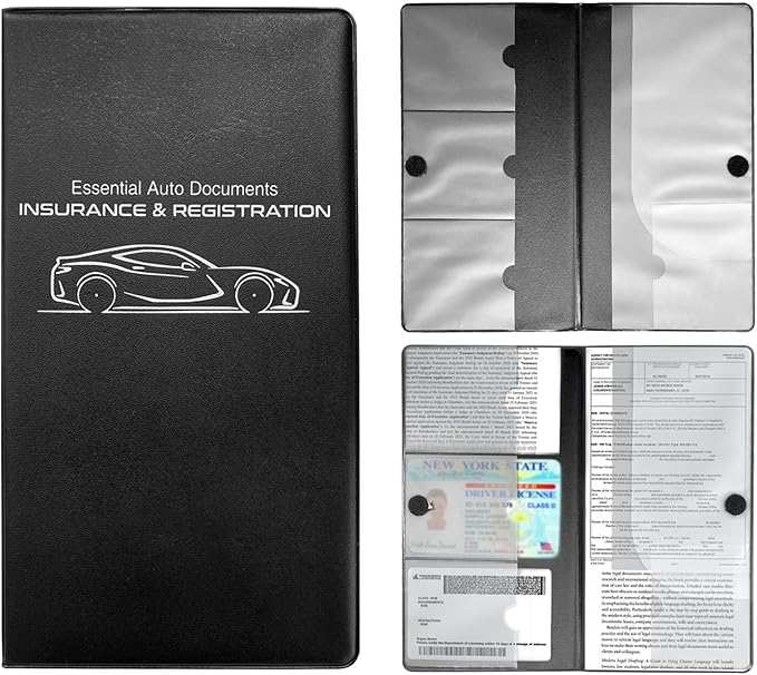 Car Registration and Insurance Holder, 10.39''×9.56'' Essential Auto Card Document Glove Box Organizer with Closure, Vehicle Interior Accessories Fit for Most Cars (Black, Small Car)