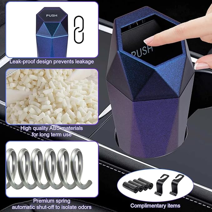 Car Trash Can, Car Trash Bin with Lid, Car Accessories for Women Interior, Car Garbage Can with Additional 2 ABS Hooks and 60pcs Trash Bags, Suitable for Home, Office, Car Organizer, Blue Purple