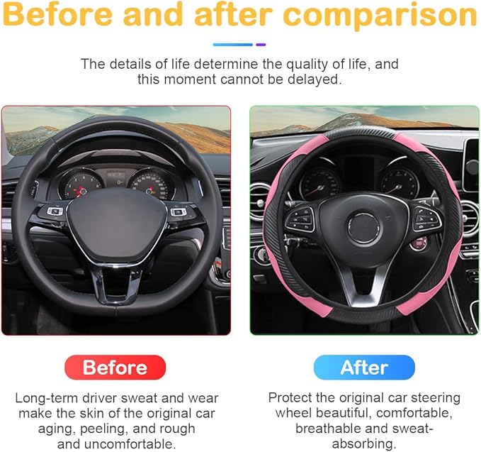 Car Steering Wheel Cover, 15 inch Carbon Fiber Microfiber PU Leather Elastic Steering Wheel Protector for Men Women, Anti-Slip Breathable Car Interior Accessories for Most Cars (Pink)