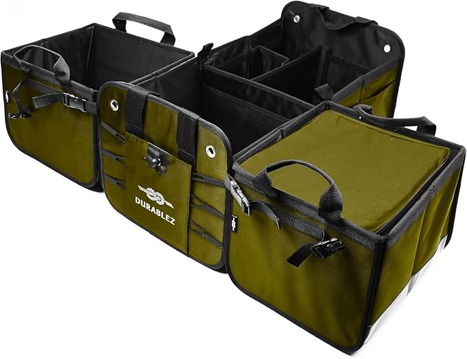 DURABLEZ 5-Section Extra Large Trunk Organizer – Heavy Duty 1680D Oxford, Collapsible & Foldable Car Cargo Organizer, Modular Multi-Shape Storage System for SUV, Truck, Van – Military Green