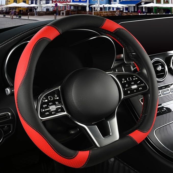 Binsheo Microfiber Leather D Shaped Steering Wheel Cover, Breathable, Anti Slip, 13.5 inch to 14 inch, Black with Red