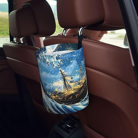 Ocean Wave Starry Night Car Trash Can Garbage Cans Foldable,Cute Hanging Car Organizer and Storage Bag Leak Proof, Auto Back Seat Trash Bin Universal for Truck, SUV, Outdoor Travel