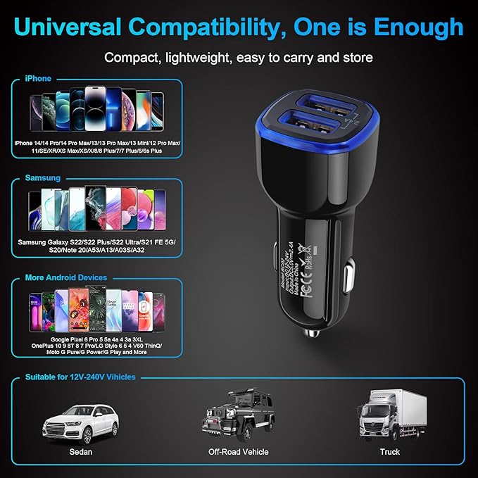 6Pack Fast Charge Dual Port Lighter Plug USB Adapter, 12 Volt USB Outlet for iPhone 15 14 13 12 11 Pro Max 10 SE XR XS X 8 7 Plus 6, iPad, Samsung Galaxy S23 S22 S21 S20 S10 S9