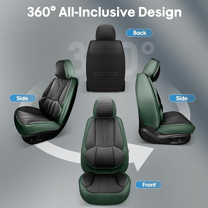 AOOG Front Seat Covers, Car Seat Covers Front Seats, Leather Seat Covers for Cars, Waterproof Seat Covers with Lumbar Support Universal Fit for Most Cars SUV Trucks(Front Pair, Green&Black)