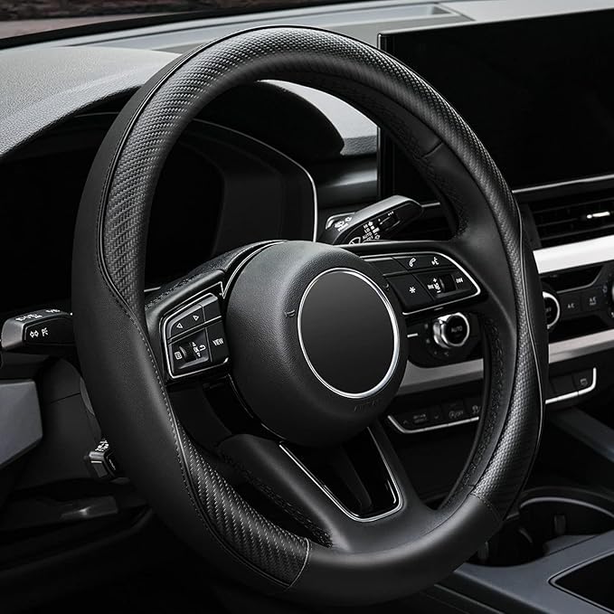 YHONGJT Soft Microfiber Leather Anti-Slip Car Steering Wheel Cover, Universal Fit 15 Inch for Women Girls, Fit Vehicles, Sedans, SUVS, Vans, Trucks - Black