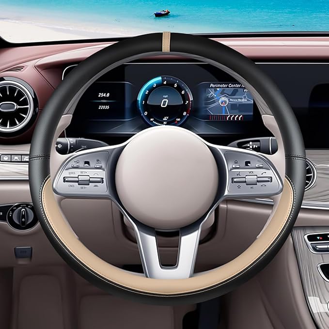 Black Beige Car Steering Wheel Cover, Nappa Leather, Bottom Color Blocking, Universal 14.5-15 Inch Leather Anti-Slip Breathable Auto Steering Wheel Covers for Men Women