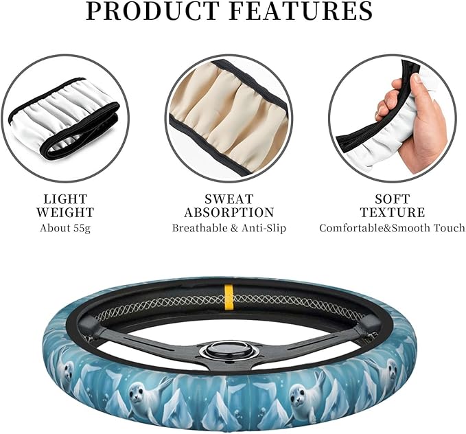 Cute Harp Seal Universal Fit Steering Wheel Cover for Car, Truck, and SUV, Durable Steering Wheel Protection