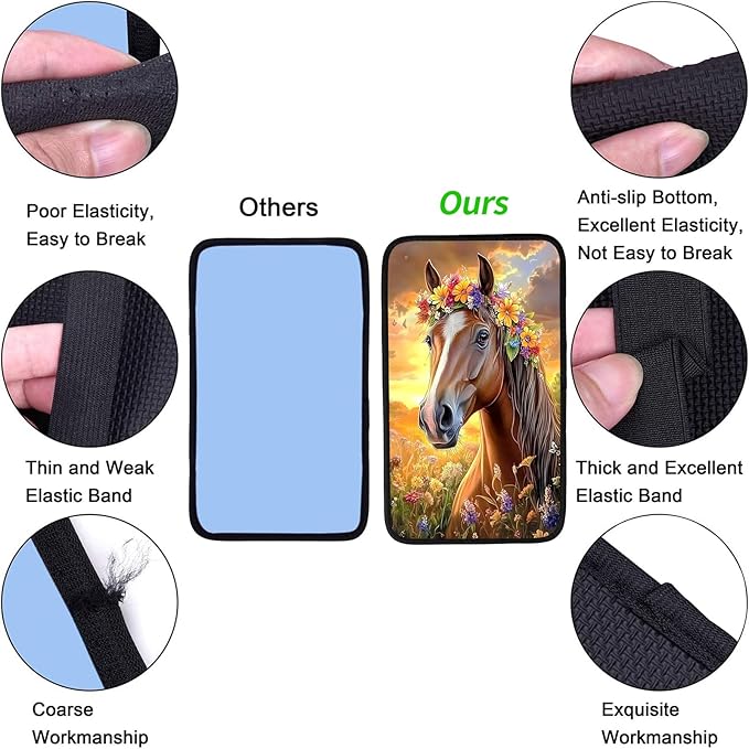 JANENFNA Car Armrest Cover Pads Universal Fashion Cute Auto Center Console Armrest Cover Pad with 2PCS Car Coasters Soft Waterproof Car Armrest Seat Protector for Women,Sunset Flower Horse