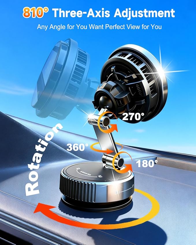 Upgraded TEC&Fan Cooling Magnetic Wireless Car Charger, For Qi2 Magsafe Car Mount Fast Charging, Vacuum/Air Vent Car Phone Holder 120LBS Ultra Suction Cup 810° Dashboard Car Bracket for iPhone/Android