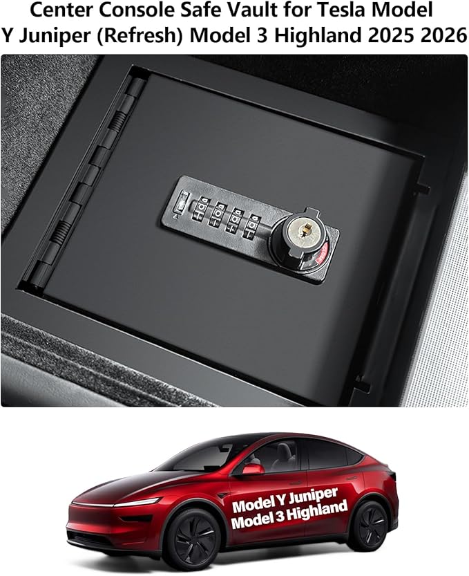cybtkcar for Tesla Center Console Safe Organizer with 4-digit Lock Model Y Juniper Model 3 Highland Accessories 2025 2026 No Drill Glove Case with Combination Lock Armrest Anti-Theft Storage Tray Box
