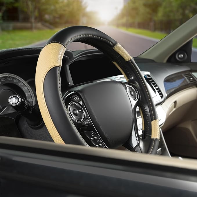 GIANT PANDA Microfiber Leather Steering Wheel Cover for Honda Accord,Civic,CR-V,HR-V,Pilot(Diamond-Pattern-Black+Beige-Standard Size)