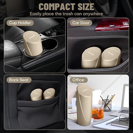SGLRT Car Trash Can Bin with Lid - Car Garbage Can Cup Holder - Beige Mini Leakproof Vehicle Trash Garbage Can Bin with 20pcs Trash Bags-Car Organizers and Storage for Front Back Seat Accessories