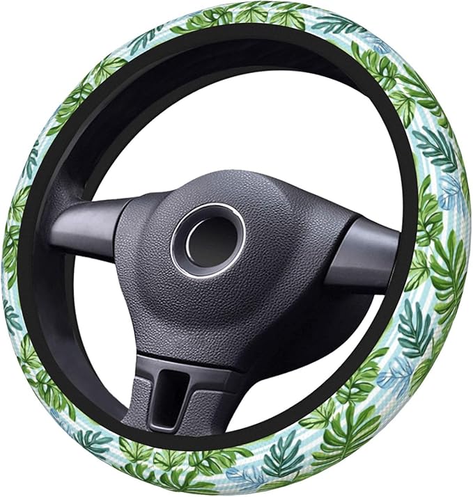 Tropical Leaves Stripes Steering Wheel Cover for Women Men Girls, Car Accessories Decor Thickened Anti-Slip Auto Steering Wheel Covers Protector Universal Fit 15 Inch for Cars, Truck, SUV