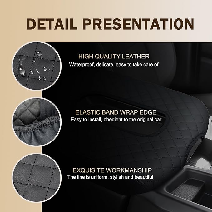Car Center Console Cover, Leather Embroidery Car Armrest Cover Cushion, Original Size Jump Seat Console Armrest Cover with Straps, Armrest Protector for 2019-2024 Chevy Silverado (Black)