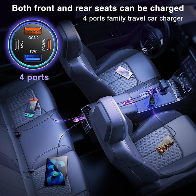 USB C Car Charger, 2 Pack 4-Port 65W Dual USB C & USB-A Cigarette Lighter USB Charger Multiport Type C Car Charger Adapter Phone Plug Cargador Carro Fast Charging for iPhone 17 16 15, iPad, Galaxy