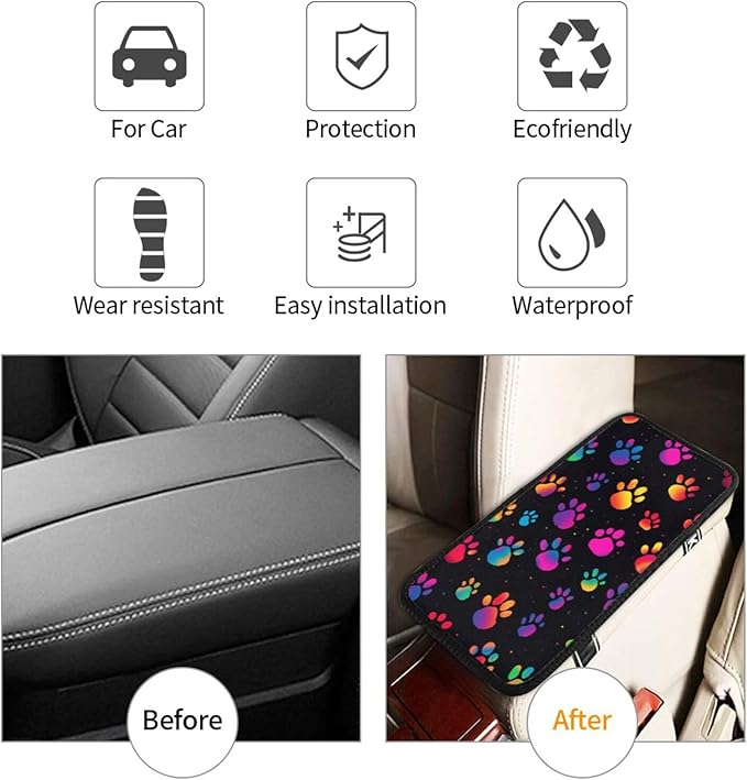 indokyeyqaz Universal Car Center Console Cushion Pad, Colorful Dog Paw Prints Soft Waterproof Car Center Console Cover Auto Armrest Seat Box Cover Protector for Most Vehicle SUV Truck Car