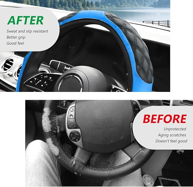 Car Steering Wheel Cover, 15 Inches Leather Steering Wheel Protector with Non-Slip Grip, Universal Wheel Covers Interior Decoration for Sedens Trucks SUVs, Car accessories (Blue)