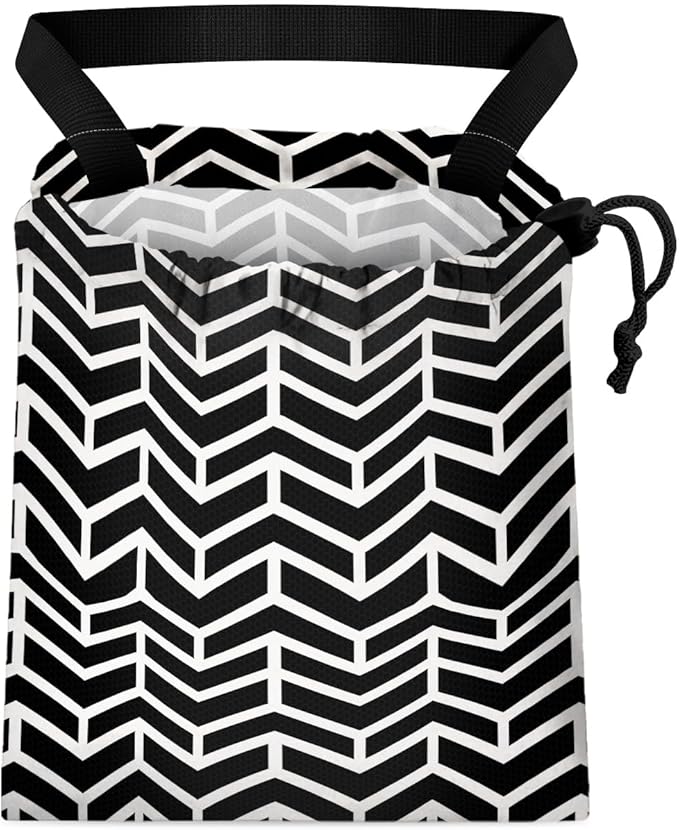 GEGEPINK Car Trash Bag Hanging Back of Seat Waterproof Small Cute Printed One-Handed Strap Drawstring Garbage Bags for Car-Black White