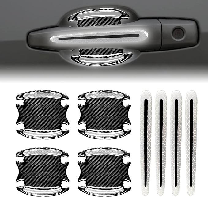 8Pcs 3D Door Handle Cup Protector, Reflective Stripe Stickers, Anti-Scratch Universal Protector, Suitable for Cars, Trucks, SUVs (White)