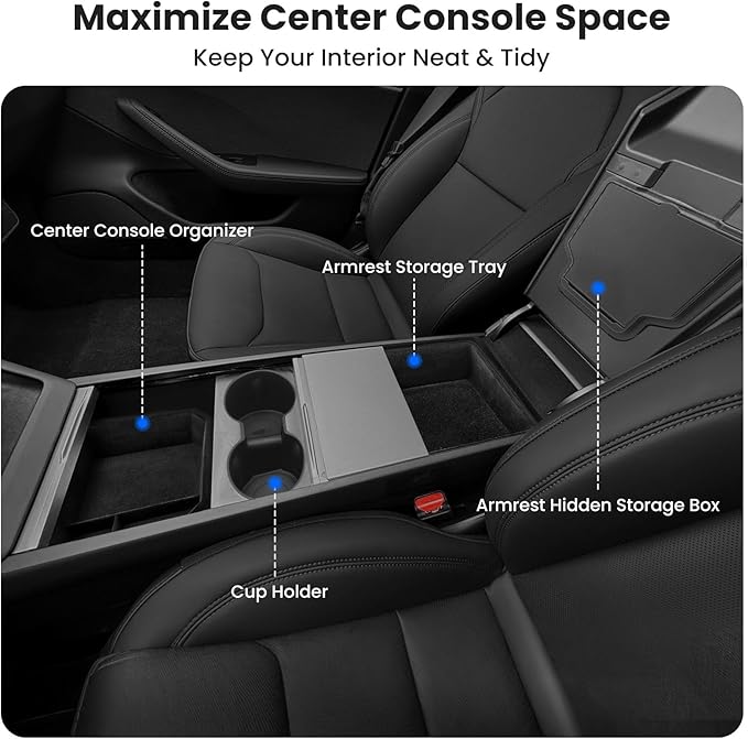 4Pcs Center Console Organizer Tray for Tesla Model Y Juniper 2025 2026 and Model 3 Highland 2024 2025 Accessories, Armrest Hidden Storage Box for New Model 3, Cup Holder Insert for New Model Y