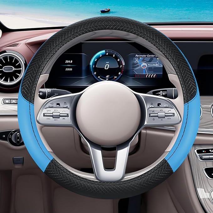 Black & Blue Car Steering Wheel Cover, Microfiber, Leather Patchwork, Universal 14.5-15 Inch Leather Anti-Slip Breathable Auto Steering Wheel Covers for Men Women