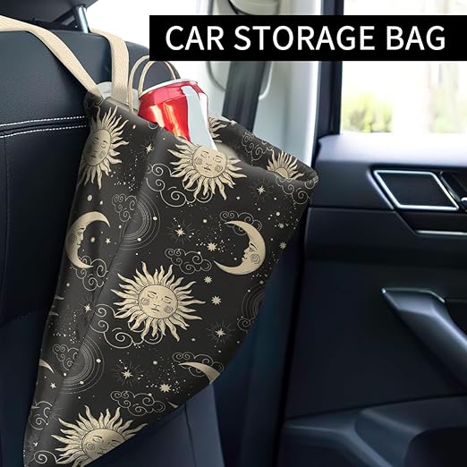 Car Trash Can, Cute Car Trash Bag, Hanging Car Organizer and Storage Bag, Trash Bin for Car Accessories, Vehicle, Travelling, Camping Gold Celestial Moon