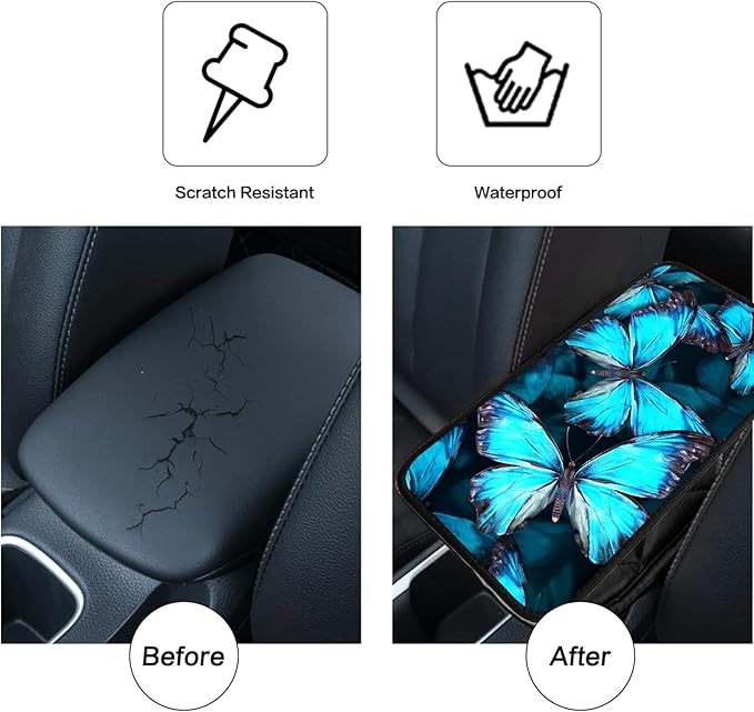 JANENFNA Car Armrest Cover Pads Universal Fashion Cute Auto Center Console Armrest Cover Pad with 2PCS Car Coasters Soft Waterproof Car Armrest Seat Protector for Women,Blue Butterflies