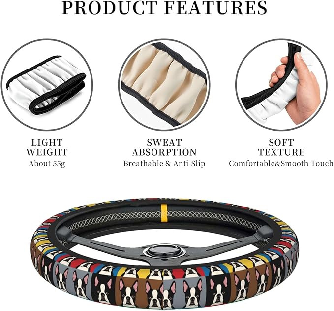 Neoprene Steering Wheel Cover Art-Boston-Dogs Car Steering Wheel Cover Universal Fit for Most Cars