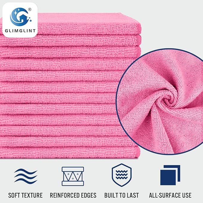 GLIMGLINT Pink Microfiber Cleaning Cloth, 12 Pack Cleaning Towels for Kitchen, Lint Free, Scratch-Free, Highly Absorbent, and Reusable Cleaning Rags for House, Window and Glass, Cars, 14"X12"