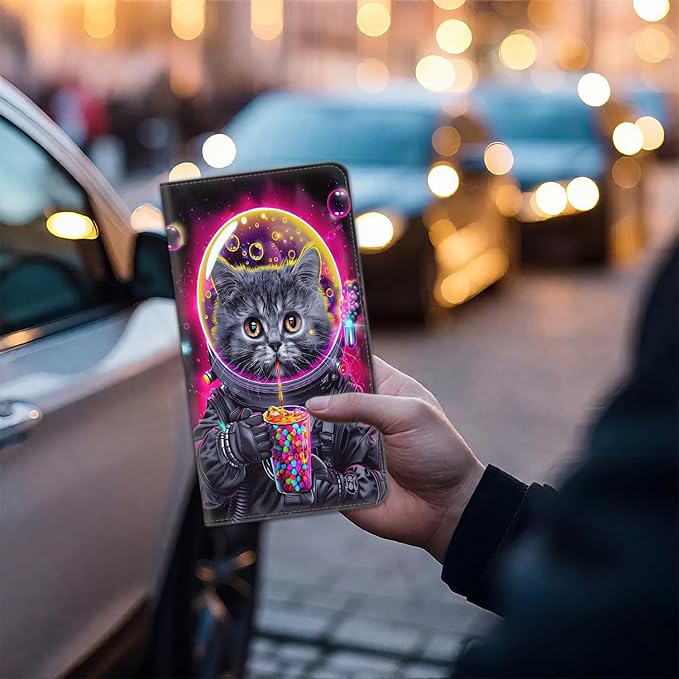 Car Registration and Insurance Card Holder for Women Men, Waterproof PU Leather Glove Box Car Organizer with Magnetic Shut, Vehicle Document Holder for Driver License,Cards, Astronaut Cat Bubble Tea