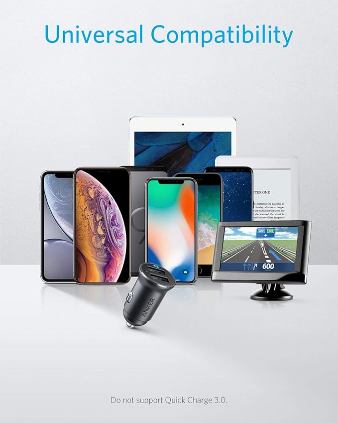 Anker 320 Car Charger (24W II), Mini Aluminum Alloy Dual USB with Blue LED for iPhone16 15 14 13 12 Series, iPad Pro/Air 2/Mini, Galaxy and More - Not Compatible with Quick Charge (Black)