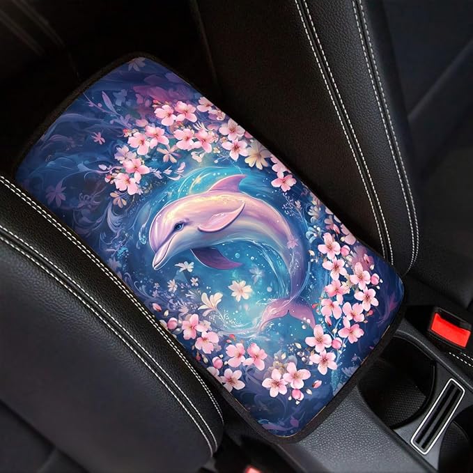 Floral Dolphin Car Center Console Cover for Women Dustproof Decorative Armrest Cushion Cover Non Slip Automotive Decorations for Cars Vehicles SUV, Easy to Install