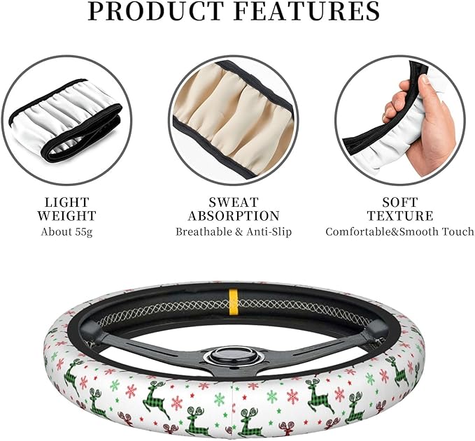Elastic Steering Wheel Cover, Christmas Buffalo Plaid Reindeer Universal 15 Inch Non-Slip Breathable Steering Wheel Protector, Car Accessories Fit Auto, Suvs, Truck, Sedans