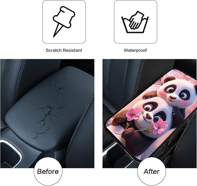JANENFNA Car Armrest Cover Pads Universal Fashion Cute Auto Center Console Armrest Cover Pad with 2PCS Car Coasters Soft Waterproof Car Armrest Seat Protector for Women,Cute Panda