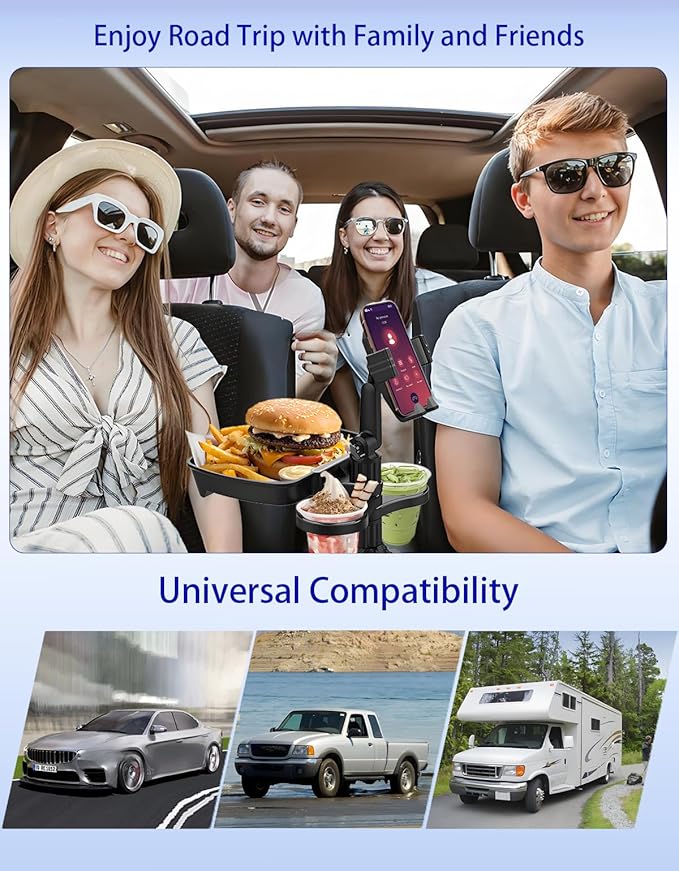 Car Cup Holder Tray - 4 in 1 Adjustable Car Cup Holder Expander with Food Tray Table and Phone Mount 360° Swivel for All Purpose, Automotive Essentials for Driver and Front Passenger