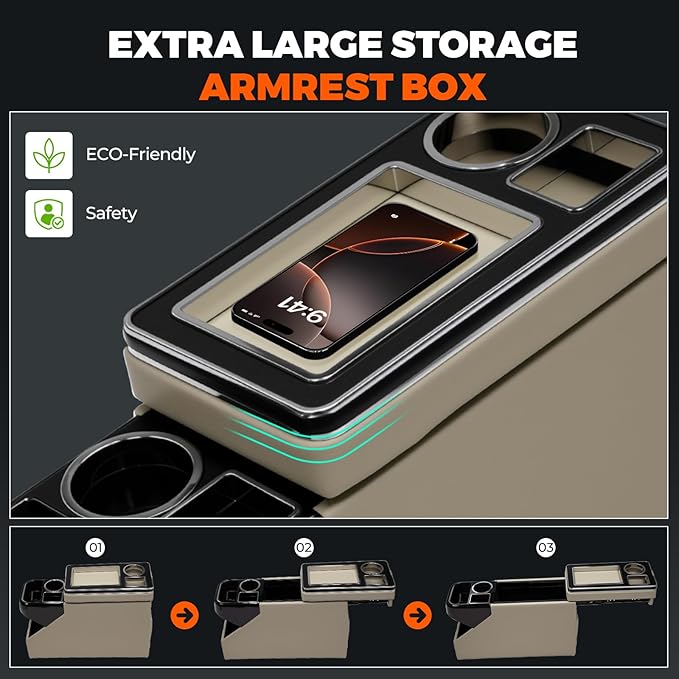 QKVCX Beige Center Console Between Seat Organizer for Minivans, SUVs, with Phone Holder & Cup Holders for Minivan &SUVs, Middle Van Floor Console Organizer Storage Box- cream-coloured