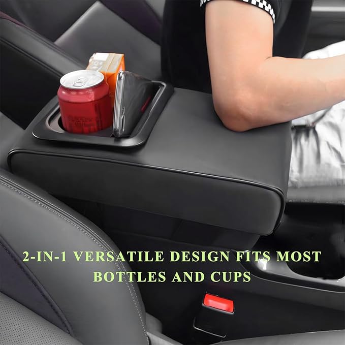 Car Center Console Armrest Pillow, Leather Auto Arm Rest Cover Protector with Cup Holder and Phone Holder, Memory Foam Armrest Cushion for Most Vehicles (Black, Diamond Pattern)