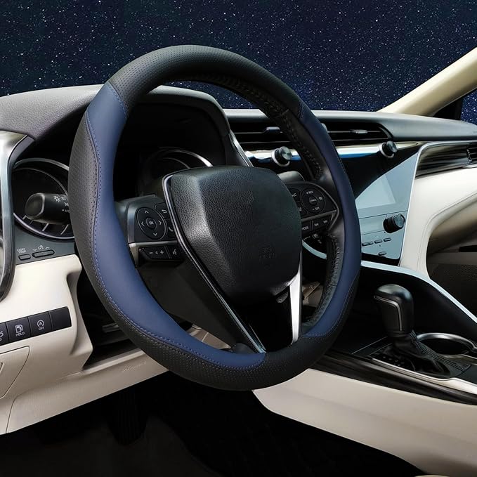 Mihecor Steering Wheel Cover Standard Size 14.5-15 inch, Breathable Microfiber Leather, Anti-Slip, Soft Grip, Fits Most Cars, SUVs, and Trucks, Black and Blue