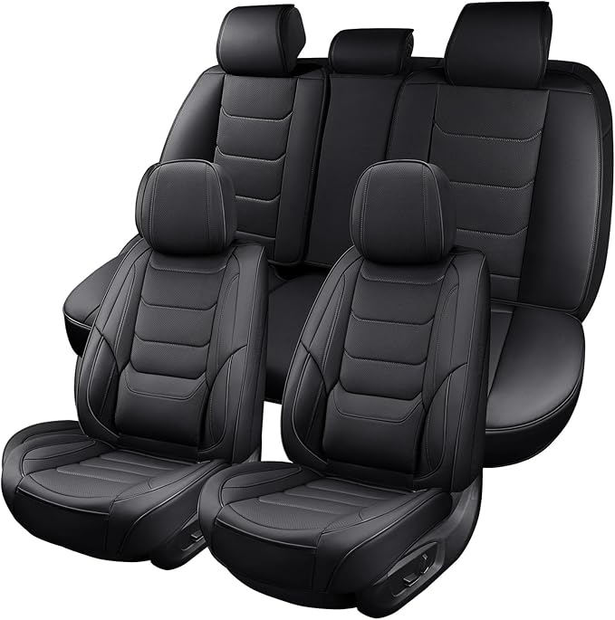 SCOMEE Leather Car Seat Covers Full Set Breathable Automotive Seat Protectors, Waterproof Universal Fit for Most Cars, SUVs, Trucks (Black, Full Set)
