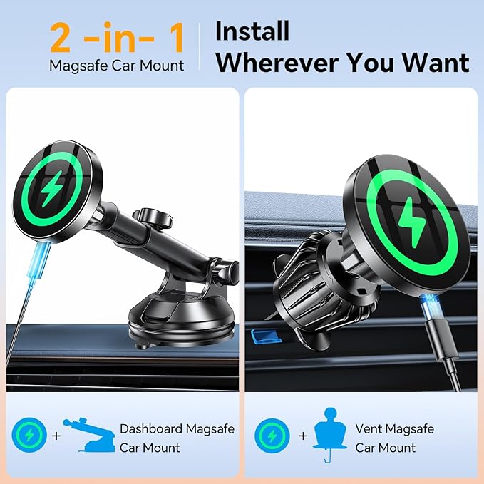Coolpow for MagSafe Car Mount Charger【Ultra Magnet】Magnetic Phone Holders for Your Car Charger【Windshield+Vent+Dash】Magnetic Wireless Car Phone Holder Mount Charger Car Accessories for iPhone 17 16 15